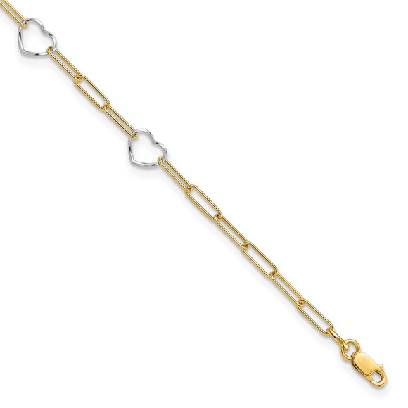 Million Charms Jewelry - 14K Two-tone Paperclip Link Heart Charm 9" + 1" ext. Summer Fine Jewelry Anklet